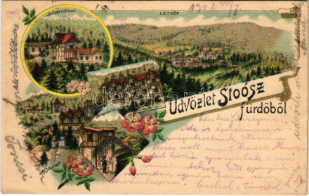 1902 Stószfürdő, Stoósz-fürdő, Kúpele Stós; Dr. Czirfusz villa, látkép, Hungária nyaraló, Kompordai ház. Wlaszlovits Gusztáv No. 103. / villas, spa. Art Nouveau, floral, litho (EK)