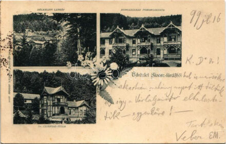 1899 (Vorläufer) Stószfürdő, Stoósz-fürdő, Kúpele Stós; Dr. Czirfusz villa, délkeleti látkép, Hungária szálló főhomlokzata. Wlaszlovits Gusztáv kiadása / spa, villas, hotel. Art Nouveau, floral (EK)