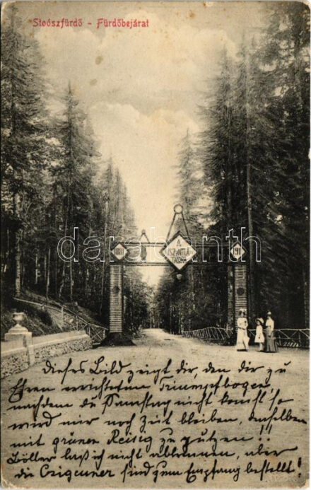 1912 Stószfürdő, Stoósz-fürdő, Kúpele Stós; Fürdő bejárat, díszkapu 'A viszontlátásra felirattal' 1881-1911. Wlaszlovits Gusztáv kiadása / entrance to the spa, decorated gate (EK)