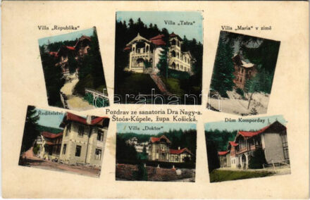1927 Stószfürdő, Stoósz-fürdő, Kúpele Stós; Villa Republika, Villa Tatra, Villa Maria v zime, Villa Doktor, Riaditelstvo, Dom Komporday / nyaralók, Mária villa télen, szanatórium, Komporday-ház / spa, villas, villa in winter,