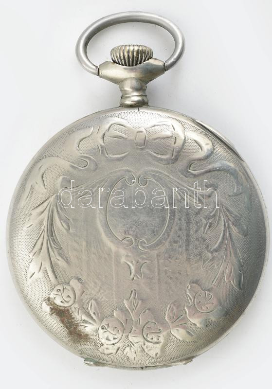 Vasutas Regulator nagy méretű fém tokos zsebóra, rajzos számlappal, díszített tokkal. Működő, jó állapotban d: 65 mm - Image 2