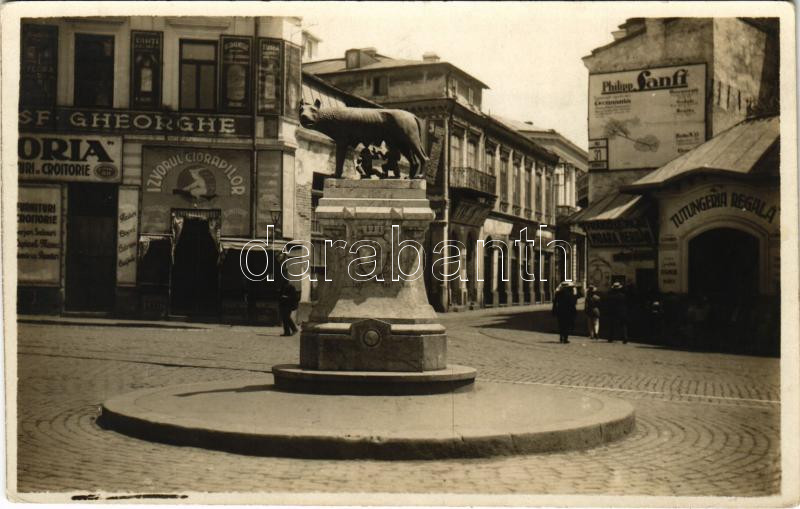 Bucharest, Bukarest, Bucuresti, Bucuresci; Piata Sf. Gheorghe, Philipp Sanft, Tutungeria Regala, F. Mantel, Izvorul Ciorapilor / square, shops, statue