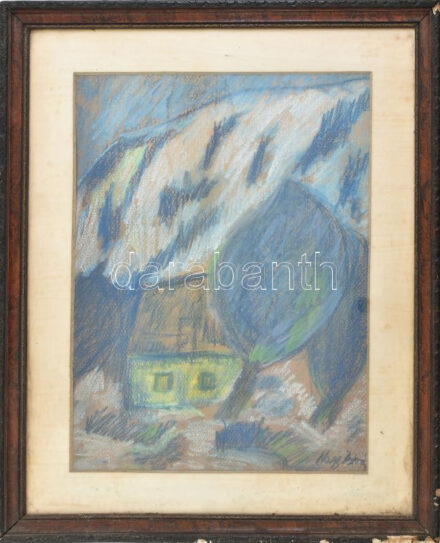 Nagy István jelzéssel: Sárga házikó. Pasztell, papír. Üvegezett, sérült fakeretben. 44x33 cm
