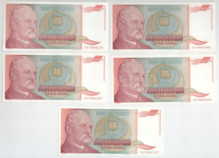 Jugoszlávia 1993. 500.000.000.000D (5x) pótkiadás 'ZA' T:I-,II Yugoslavia 1993. 500.000.000.000 Dinara (5x) replacement notes 'ZA' C:AU,XF Krause P#137