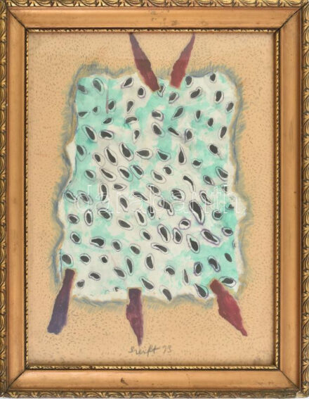 Szeift Béla (1944-2012): Szamárbőr, 1993. Vegyes technika, kollázs, karton. Jelzett. Hátoldalán autográf felirattal. Üvegezett, dekoratív, kissé sérült fakeretben. 40x30 cm