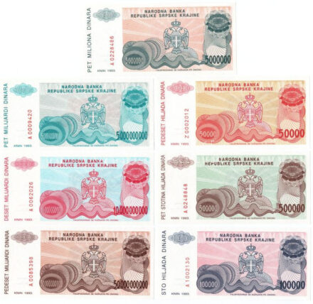 Horvátország / Krajinai Szerb Köztársaság 1993. 50.000D 'Z' pótkiadás + 100.000D + 500.000D + 5.000.000D + 5.000.000.000D + 10.000.000.000D + 50.000.000.000D T:I Croatia / Republic of Serbian Krajina 1993. 50.000 Dinara 'Z' replacement note