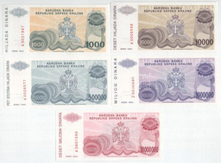 Horvátország / Krajinai Szerb Köztársaság 1994. 1000D + 10.000D + 500.000D + 1.000.000D 'Z' pótkiadás + 10.000.000D T:I Croatia / Republic of Serbian Krajina 1994. 1000 Dinara + 10.000 Dinara + 500.000 Dinara + 1.000.000 Dinara 'Z'