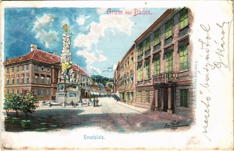 1899 (Vorläufer) Baden, Hauptplatz / main square, Holy Trinity statue. Kunstanstalt C. Binder (EK)