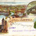 1899 (Vorläufer) Elberfeld, Gesammtansicht vom Kiesberg, Schwebebahn Elberfeld-Barmen, Marien-Kirche, Moltke Denkmal / general view, church, suspension railway, monument. Art Nouveau, floral, litho (EB)