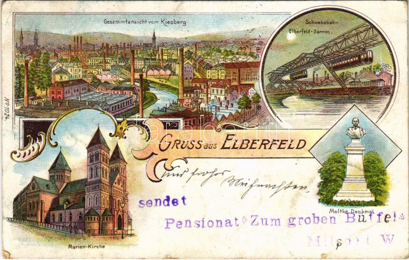 1899 (Vorläufer) Elberfeld, Gesammtansicht vom Kiesberg, Schwebebahn Elberfeld-Barmen, Marien-Kirche, Moltke Denkmal / general view, church, suspension railway, monument. Art Nouveau, floral, litho (EB)