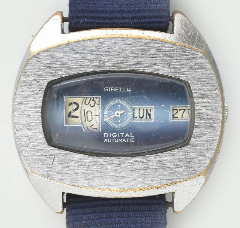 Gibella Digital automatic karóra. Dátum funkcióval, Rerto design, szövet szíjjal, működik, karcos. 44x34 mm