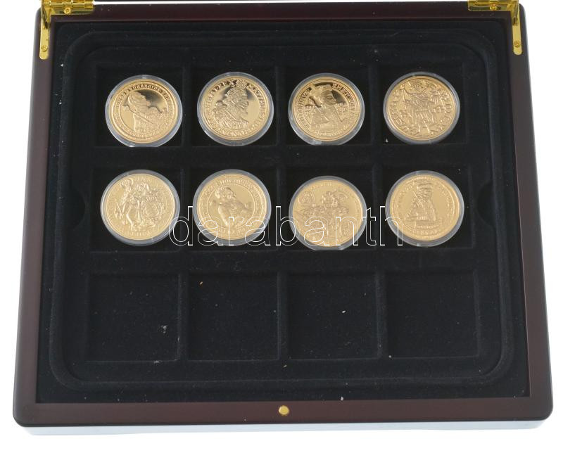 DN 'A legértékesebb magyar érmék' 8xklf aranyozott Cu emlékérem kapszulában, 7 darab tanúsítvánnyal, kivehető tálcán, mahagóni fa éremtartóban (40mm) T:PP - Image 3