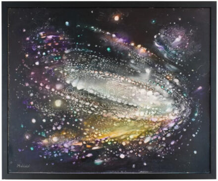 Máriási Masznyik Iván (1928-1997): Galaxis. Olaj, farost, jelezve balra lent, hátoldalon autográf felirattal. Kiállítva: Máriási Masznyik Iván, Kozmikus léptékben, Műcsarnok, Bp., 2019 (katalógus nélkül). Dekoratív fakeretben,