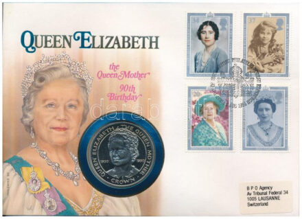 Gibraltár 1990. 1C Cu-Ni 'Az Anyakirálynő születésének 90. évfordulója' forgalomba nem került emlékkiadás felbélyegzett borítékban, bélyegzéssel, német nyelvű leírással T:1 Gibraltar 1990. 1 Crown Cu-Ni '90th Anniversary of the