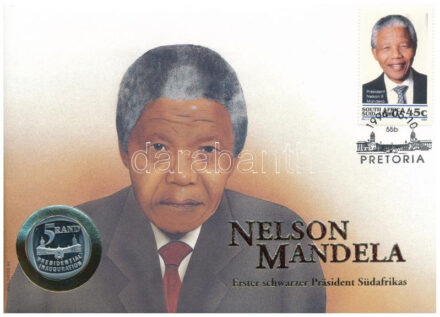 Dél-Afrika 1994. 5R 'Elnöki beiktatás' érme bélyeges 'Nelson Mandela' borítékban, bélyegzésseln, német nyelvű tájékoztatóval T:PP South Africa 1994. 5 Rand 'Presidential Inauguration' coin in 'Nelson Mandela' envelope with stamp and