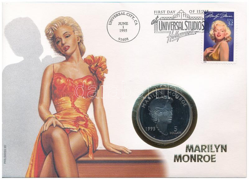 Marshall-szigetek 1995. 5D 'Marilyn Monroe' érmés borítékban, első napi bélyegzéses bélyeggel, német tájékoztató lappal T:PP Republic of the Marshall Islands 1995. 5 Dollar 'Marilyn Monroe' in coin envelope with first day of issue