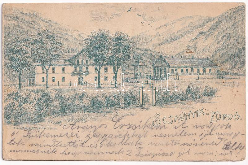 1902 Sósfüred, Scsavnyik, Schawnik, Sarissky Stiavnik; Scsavnyik-fürdő / spa, bath. Lit. A. Pruszynski (Kraków) litho (fa)
