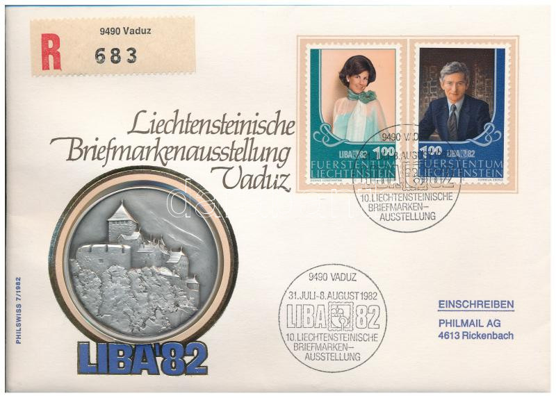 Liechtenstein 1982. '10. liechtensteini bélyegkiállítás Vaduzban' ezüstpatinázott fém emlékérem felbélyegzett borítékon, alkalmi bélyegzéssel T:1 Liechtenstein 1982. '10th Liechtenstein stamp exhibition in Vaduz' silver patinated