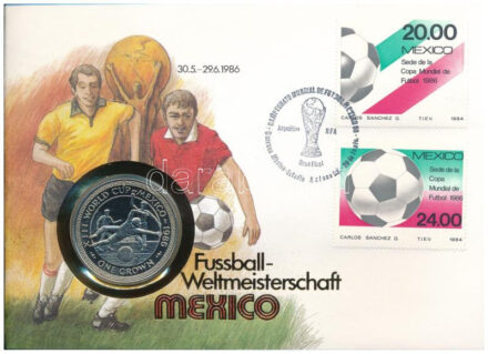 Man-sziget 1986. 1C Cu-Ni 'Labdarúgó Világbajnokság 1986' felbélyegzett borítékban, bélyegzéssel, német nyelvű leírással T:1 Isle of Man 1986. 1 Crown Cu-Ni 'Football World Cup 1986' in envelope with stamp and cancellation, with german