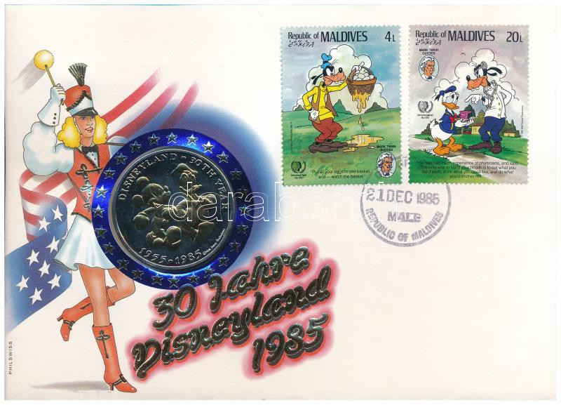 Maldív-szigetek 1985. 'Disneyland 30. évfordulója' fém emlékérem felbélyegzett borítékon, alkalmi bélyegzéssel, német nyelvű leírással T:1- patina Maldives 1985. '30th Anniversary of Disneyland' metal medallion in envelope with