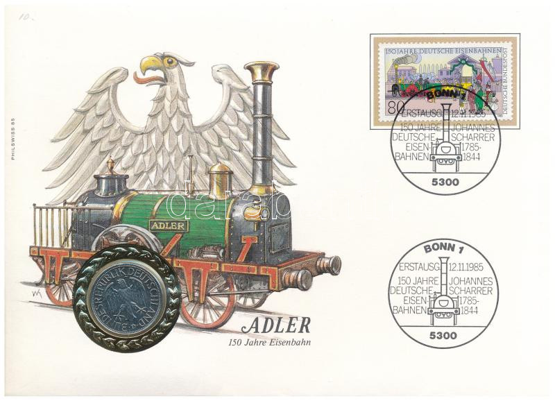 NSZK 1985D 1M 'Adler' bélyeges borítékban első napi bélyegzős bélyeggel, német nyelvű leírással T:1- FRG 1985D 1 Mark 'Adler' in coin letter with first day of issue stamp, with german description C:Au