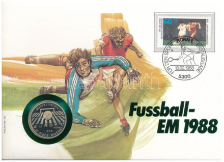 Lengyelország 1987. 200Zl Cu-Ni '1988 Labdarúgó EB' próbaveret érmés borítékban, bélyeggel, bélyegzéssel, német nyelvű leírással T:PP Poland 1987. 200 Zlotych Cu-Ni 'Euro 1988' trial strike, in envelope with stamp and cancellation,