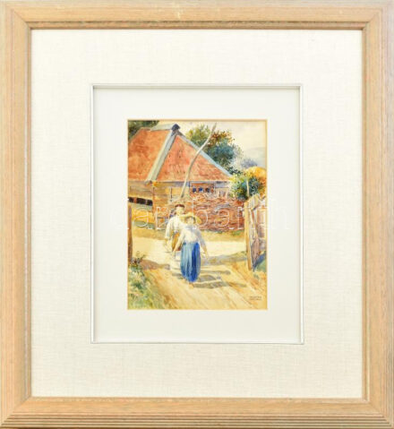 Geiger Richárd (1870-1945): Vízhordók. Erdély, Szőkefalva.. Akkvarell, papír, jelzett. Dekoratív, üvegezett fakeretben, 28x19 cm