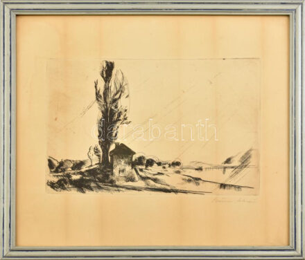 Szőnyi István (1894-1928): Dunakanyar (cím nélkül). Rézkarc, papír, jelzett, üvegezett fakeretben, kissé foltos, 19,5×28,5 cm