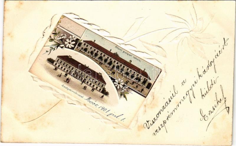 1901 Mór, Moór; szolgabíró hivatal, állami polgári iskola. Díszes litho (EB)