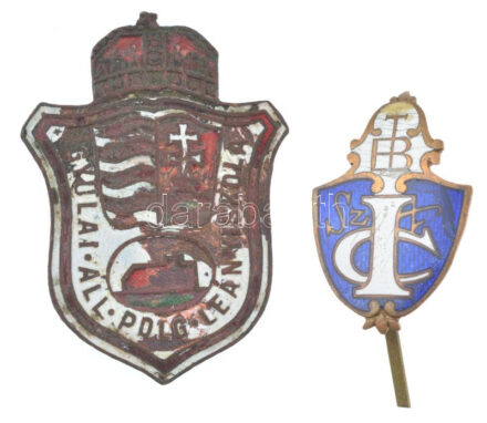 ~1930-1950. 2 darab zománcozott iskolai kitűző, közte 'Gyulai Állami Polgári Leányiskola' T:2-3 zománchiba