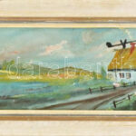 Iványi Grünwald Béla jelzéssel: Tanya. Olaj, karton. Dekoratív fakeretben. 14x43 cm