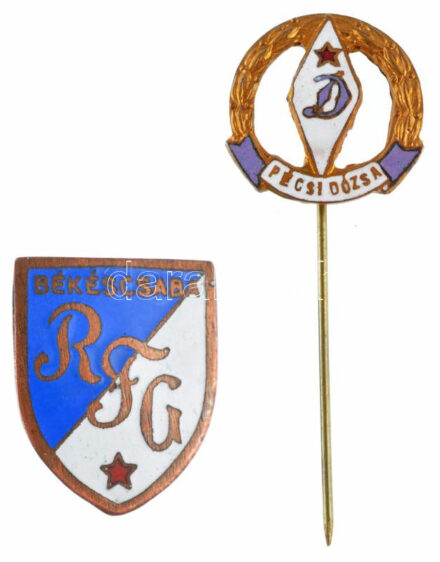 ~1950-1970. 'Pécsi Dózsa' + 'Békéscsaba RFG (Rózsa Ferenc Gimnázium' zománcozott jelvény T:1-