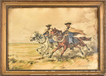 Benyovszky István (1898-1969): Vágta. Színezett rézkarc, papír, jelzett, foltos. Üvegezett, sérült dekoratív keretben, 38x53 cm