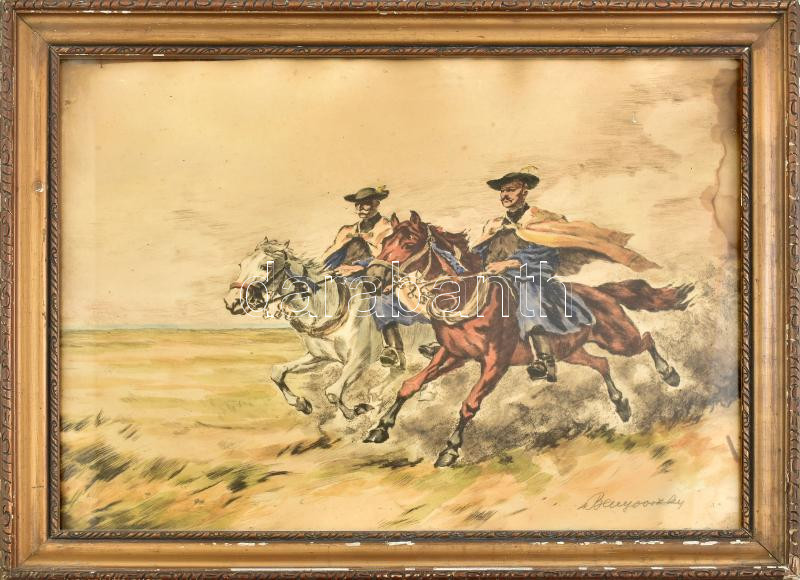 Benyovszky István (1898-1969): Vágta. Színezett rézkarc, papír, jelzett, foltos. Üvegezett, sérült dekoratív keretben, 38x53 cm