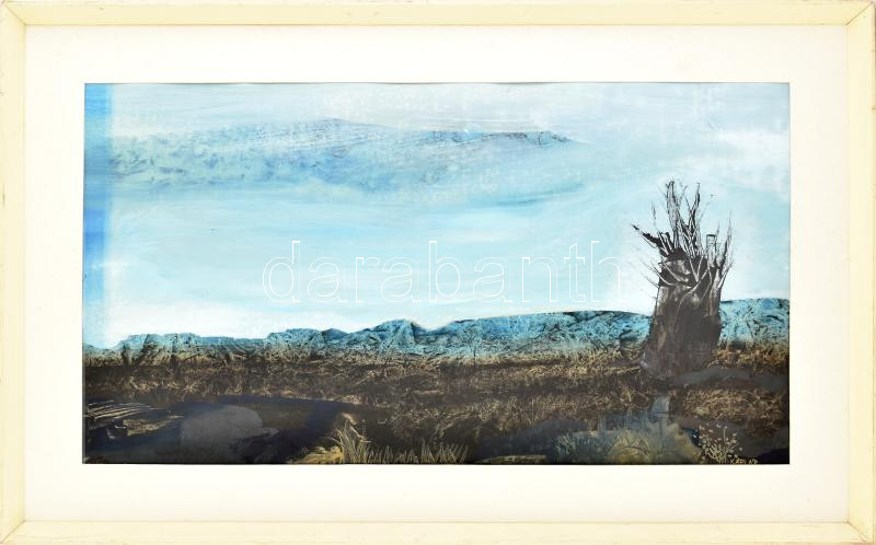 Káplár Ferenc (1937-2020): Táj. Olaj, papír. Fakeretben. 41,5×77,5 cm Sérüléssel a képen