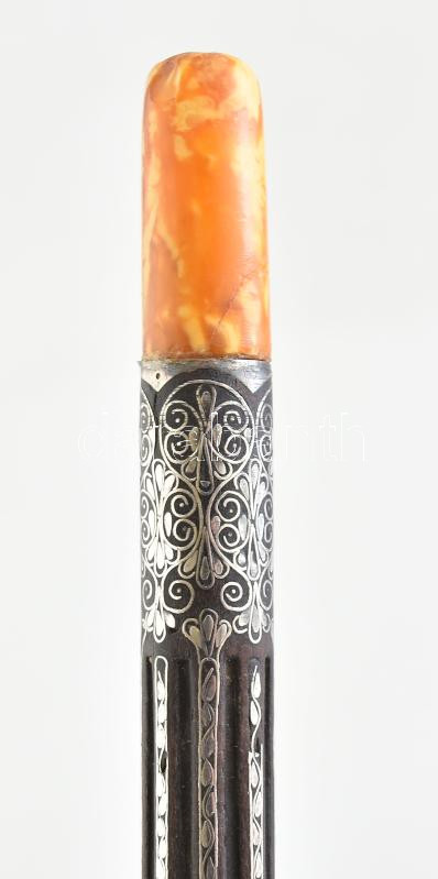 Antik ezüst berakásos szipka. Borostyán, fa. Nagy méretű, bőr tokban 13 cm - Image 2