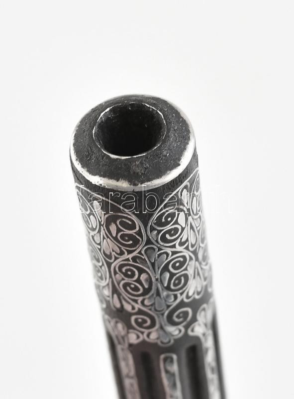 Antik ezüst berakásos szipka. Borostyán, fa. Nagy méretű, bőr tokban 13 cm - Image 3