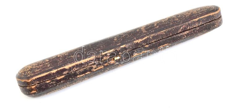 Antik ezüst berakásos szipka. Borostyán, fa. Nagy méretű, bőr tokban 13 cm - Image 4