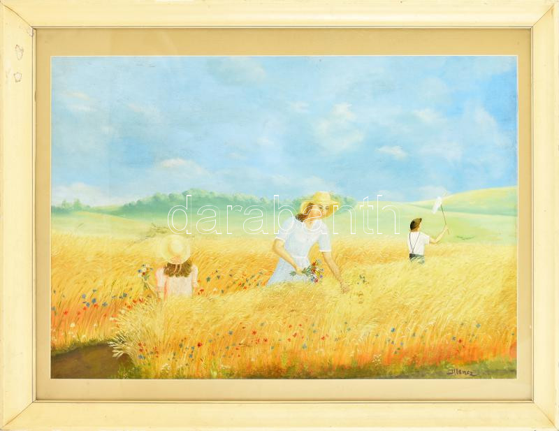 Illencz jelzéssel: Aratók. Olaj, vászon. Üvegezett fakeretben. 50×73 cm