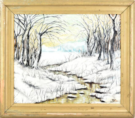 Szendrei József (1989-, 'Pesti Józsi'): Téli táj. Olaj, falemez. Jelzett. Dekoratív fakeretben. 50×60 cm