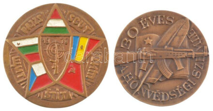 1979. 'Pajzs 1979' festett fegyverbaráti bronz emlékérem (87mm) + DN '30 éves a Honvédségi Szemle' egyoldalas bronz emlékérem (80mm) T:1-,2 Hungary 1979. 'Shield' painted bronze commemorative medallion (87mm) + ND '30 Years of the Defense