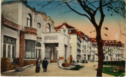 Pöstyén, Pistyan, Piestany; Irma fürdő és Thermia Palace. Vasúti levelezőlapárusítás 65. sz. 1917. / spa, bathhouse, hotel (fa)