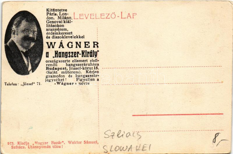 Szliács, Sliac; József-forrás. Magyar Bazár (Waktor Sámuel) kiadása. Hátoldalon Wágner a 'Hangszer-Király' reklám / spa, spring source, advertisement on the backside (EK) - Image 2