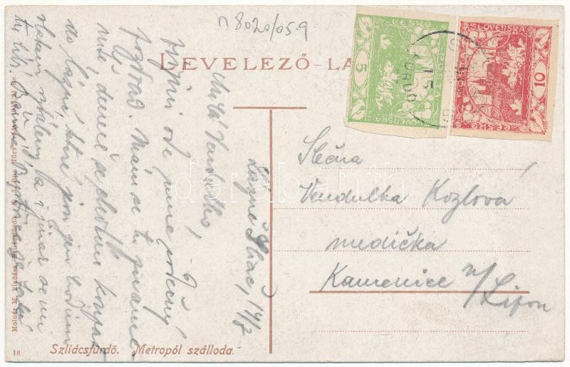 1919 Szliács, Sliac; Metropol szálloda. Molnár M. kiadása / hotel, spa (EK) - Image 2