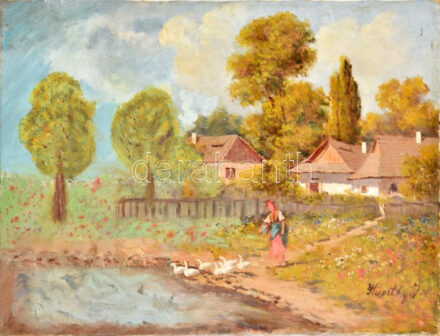 Olvashatatlan jelzéssel: Libapásztorlány. Olaj, vászon. 60x79,5 cm
