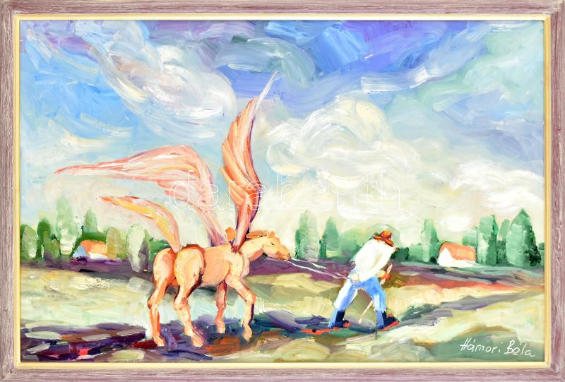Hámori Béla (1940-2004): Pegazus. Olaj, karton. Jelzett. Dekoratív fakeretben. 40x60 cm.