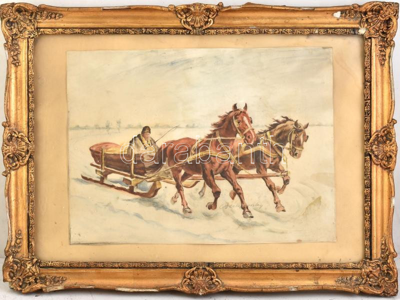 Benyovszky István (1898-1969): Lovasszán. Színezett rézkarc, papír, jelzett. Foltos. Dekoratív, üvegezett, sérült fakeretben, 28,5×39 cm