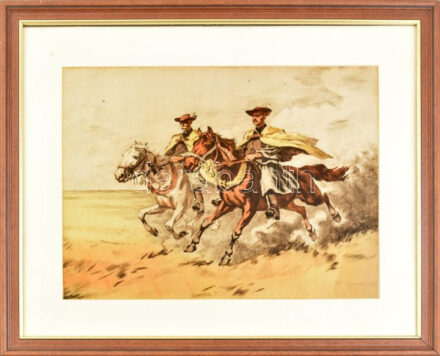 Benyovszky István (1898-1969): Vágta. Színezett rézkarc, papír, jelzett, kissé foltos. Üvegezett, dekoratív fakeretben, 35x47,5 cm