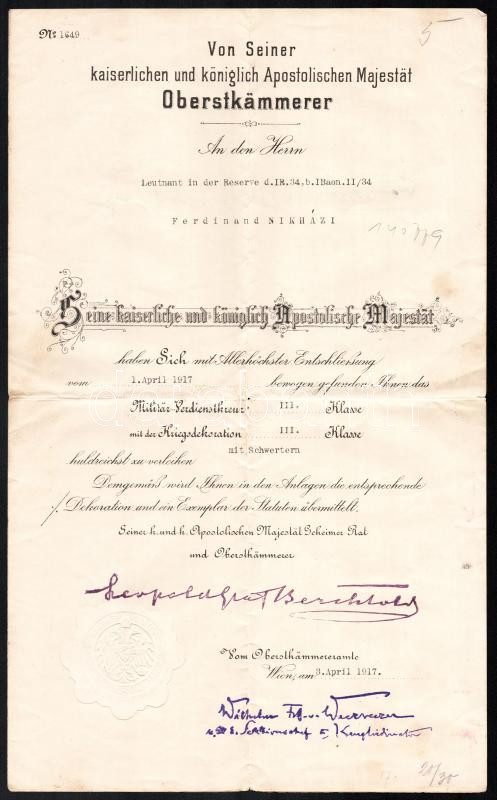 1917 Katonai szolgálati kereszt III, osztály adományozó oklevél