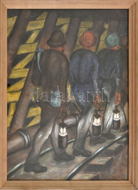 Kohán jelzéssel: Bányászok. Vegyes technika, papír. Üvegezett fakeretben, 49x35 cm
